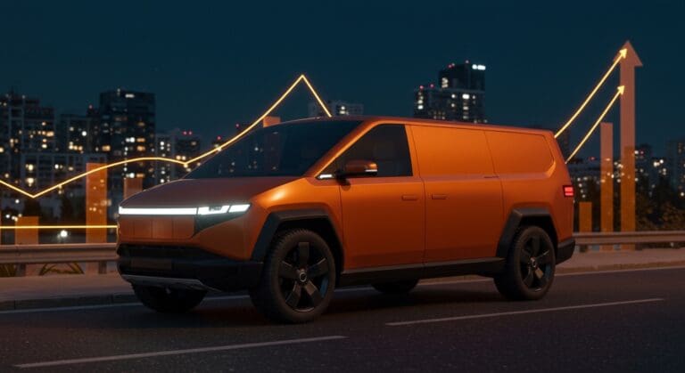 Furgoneta eléctrica Russo-Balt F200 destacándose en ciudad al atardecer, símbolo de innovación automotriz y movilidad eléctrica en startups rusas.