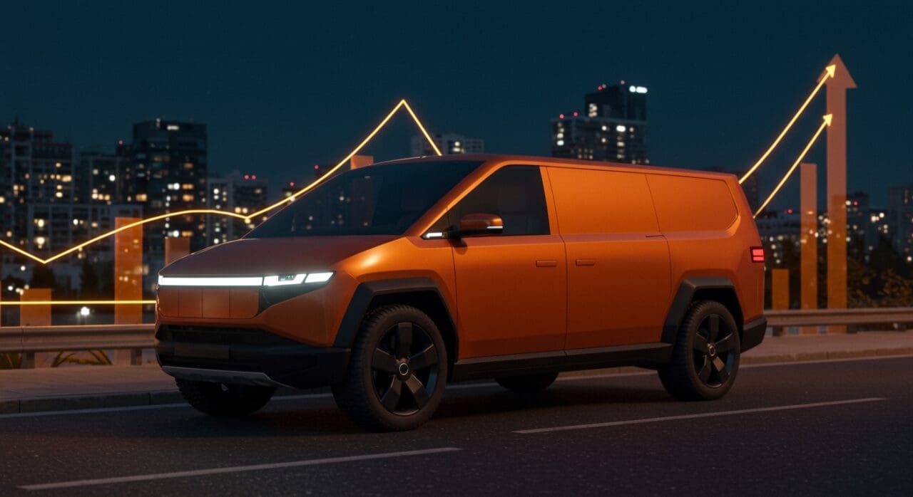 Furgoneta eléctrica Russo-Balt F200 destacándose en ciudad al atardecer, símbolo de innovación automotriz y movilidad eléctrica en startups rusas.