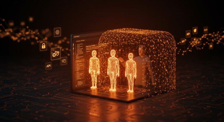 Sandbox en navegador para IA y automatización segura con agentes inteligentes representados en espacio digital moderno.