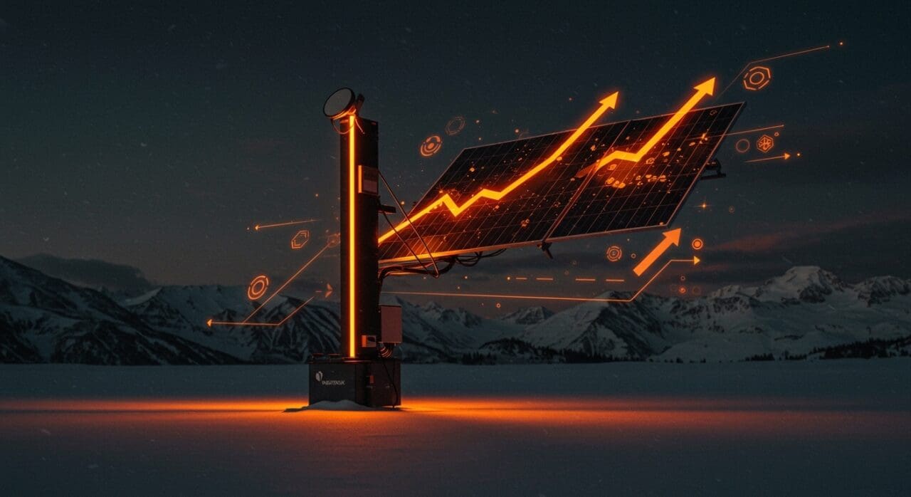 Seguidor solar vertical VajaTrack en paisaje de latitudes altas, destacando innovación en energía solar y sostenibilidad.