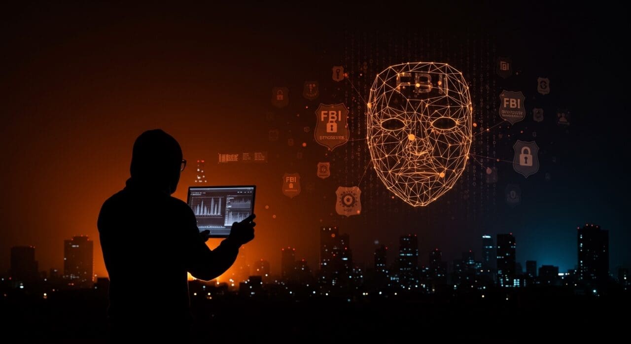 Seguridad informática en startups tecnológicas representada por experto en ciberseguridad con datos digitales y símbolos de hackers personales inspirados en el caso Epstein.