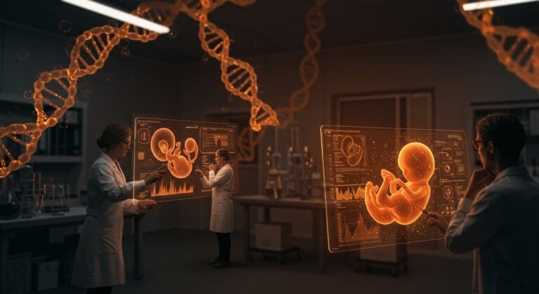 Selección genética embrionaria con inteligencia artificial en una startup biotecnológica, mostrando avances y retos bioéticos en fertilización in vitro.