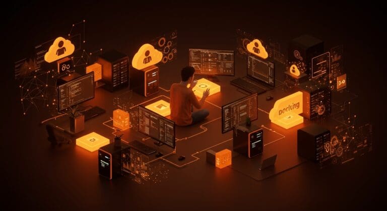 Founder gestionando infraestructura self-hosting con mini PCs, Docker y automatización, destacando privacidad y tecnología avanzada en 2026.