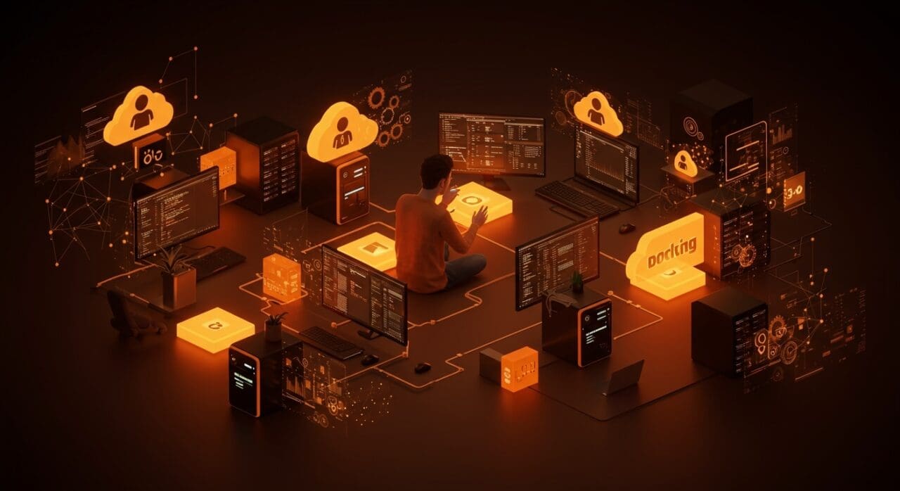 Founder gestionando infraestructura self-hosting con mini PCs, Docker y automatización, destacando privacidad y tecnología avanzada en 2026.