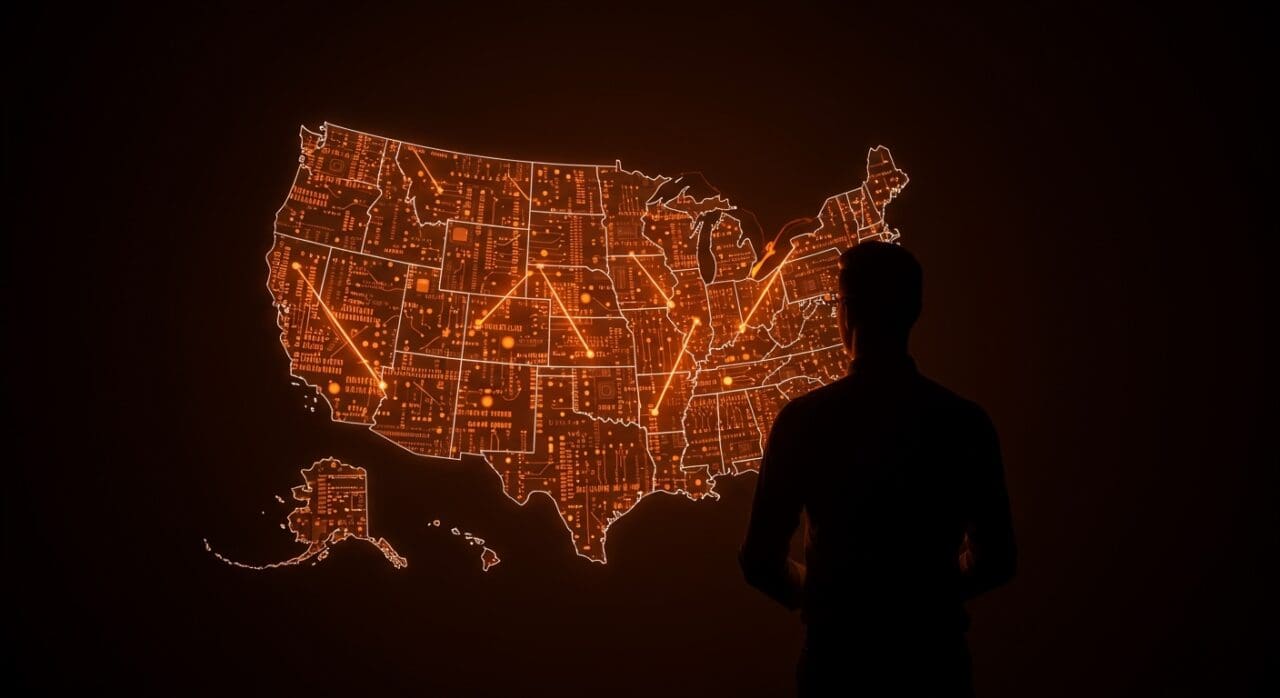 Mercado de semiconductores en EE.UU. 2025 representado con líder digital y patrones tecnológicos en ecosistema startup naranja y negro.