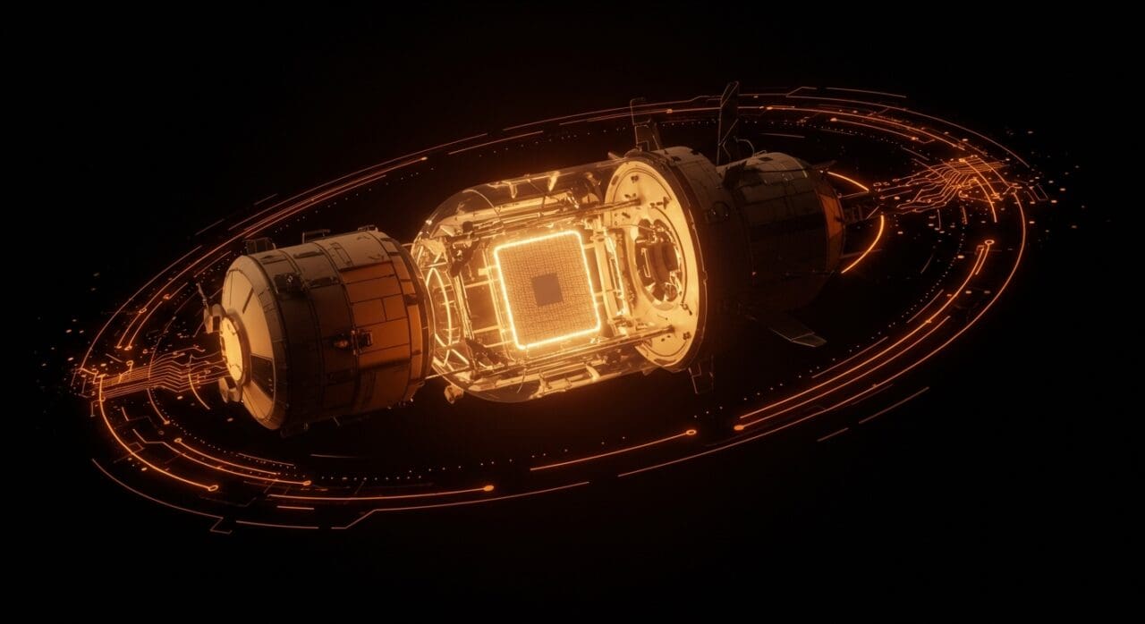 Manufactura de semiconductores en microgravedad de Space Forge representada en una nave espacial orbitando con innovación tecnológica y automatización en el espacio.