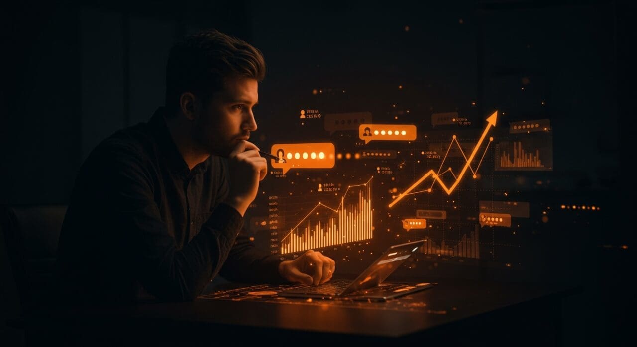 Análisis de sentimiento en Hacker News mostrando gráficos digitales y redes neuronales resaltando engagement y tendencias del mercado tecnológico.