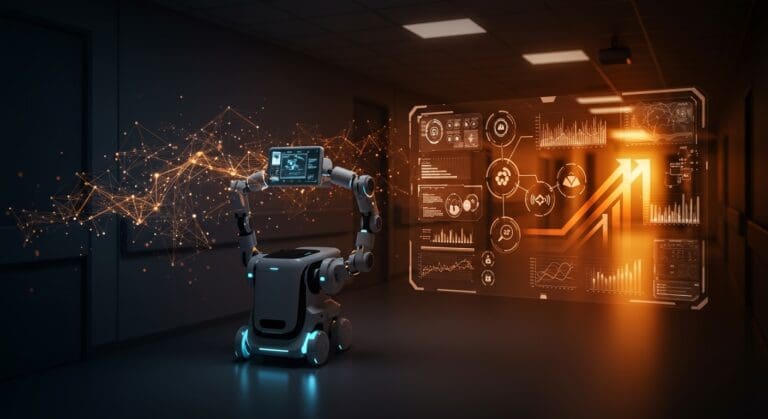 Robot hospitalario avanzado ilustrando la automatización y la innovación tecnológica en el sector salud mediante robótica y IA aplicada.