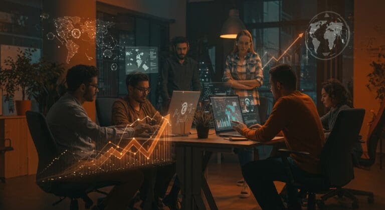 Freelancers colaborando en Chamberí con inteligencia artificial y trabajo flexible impulsando el ecosistema tecnológico startup.