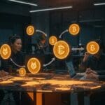 Equipo de startups fintech colaborando en nómina cripto y adopción de Shiba Inu y stablecoins con visuales abstractos de pagos y tendencias fintech.