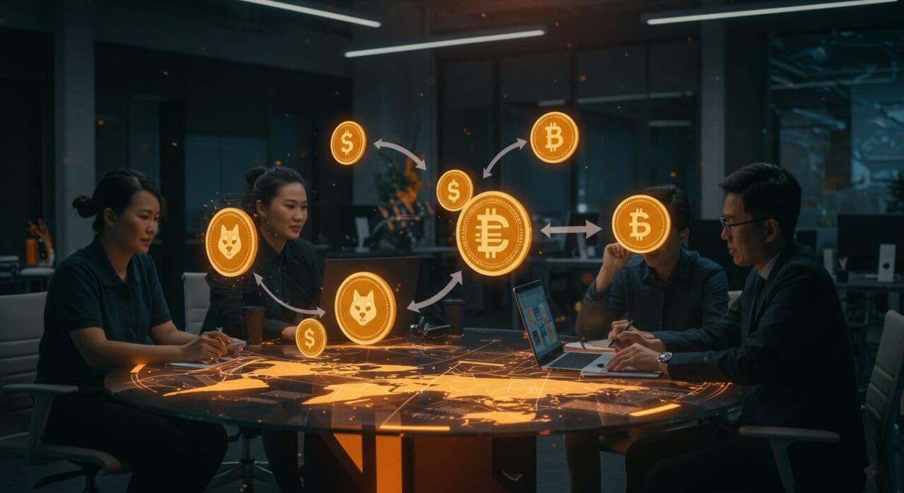 Equipo de startups fintech colaborando en nómina cripto y adopción de Shiba Inu y stablecoins con visuales abstractos de pagos y tendencias fintech.