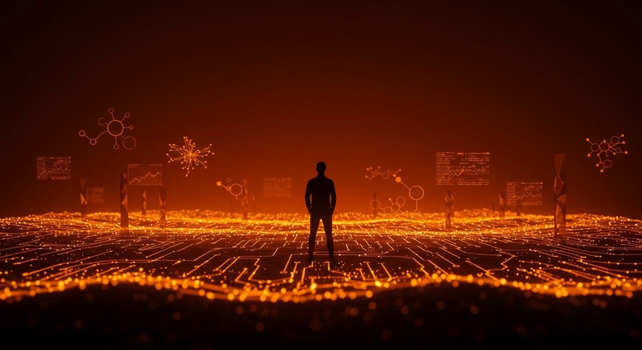 Líder tecnológico en Silicon Valley visualizado con flujos de datos y estructuras geométricas que simbolizan innovación y cultura emprendedora en el ecosistema startup.