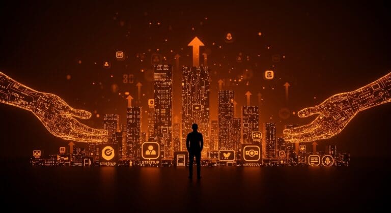 Founder tecnológico frente a un paisaje digital moderno que simboliza la cultura startup e innovación según Silicon Valley de HBO en 2026.