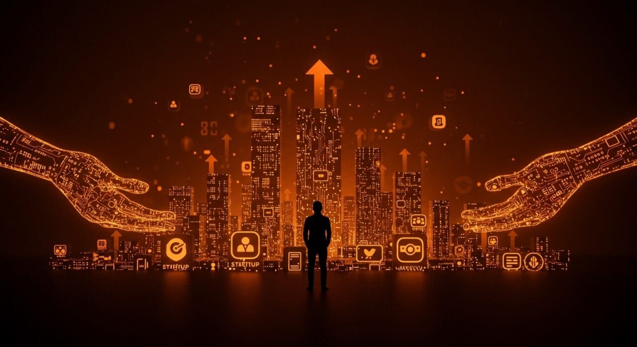 Founder tecnológico frente a un paisaje digital moderno que simboliza la cultura startup e innovación según Silicon Valley de HBO en 2026.