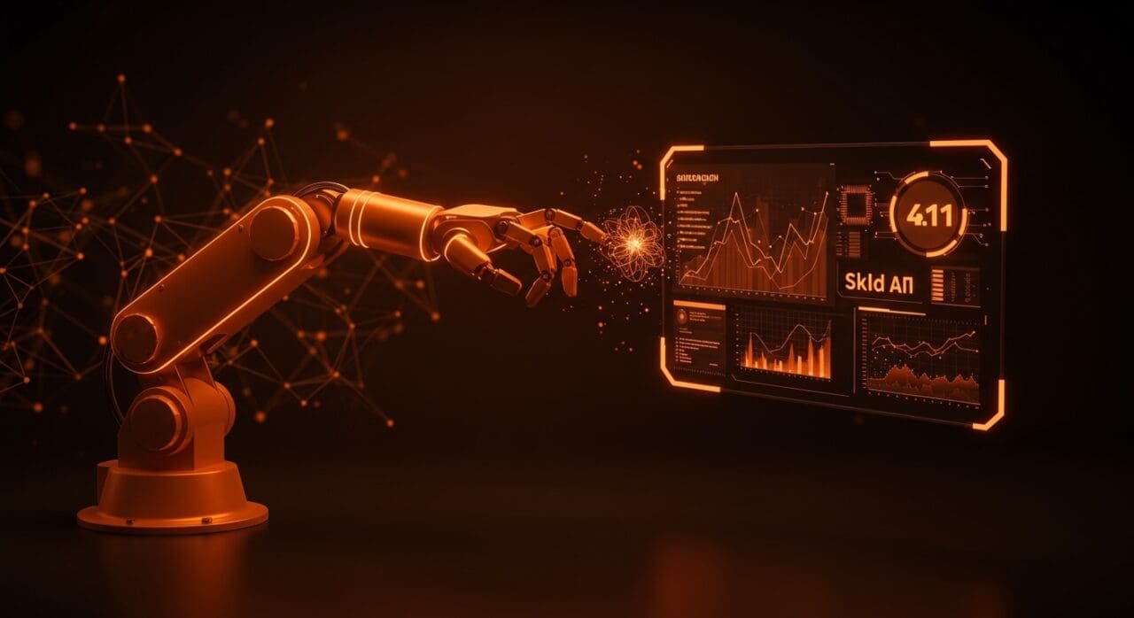 Brazo robótico iluminado en tonos naranja interactuando con hologramas de redes neuronales y datos que simbolizan la valuación y el impacto de Skild AI en robótica e IA aplicada.