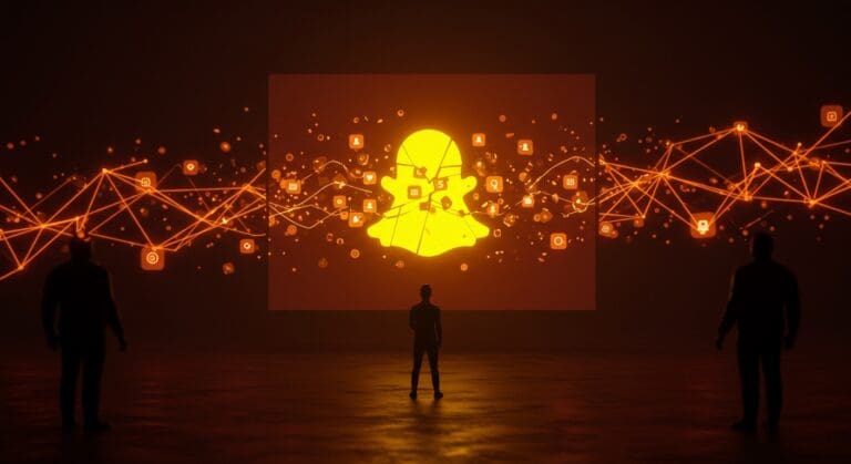 Demanda legal a Snap por adicción en redes sociales y riesgos regulatorios para startups tecnológicas sociales en color naranja y negro.