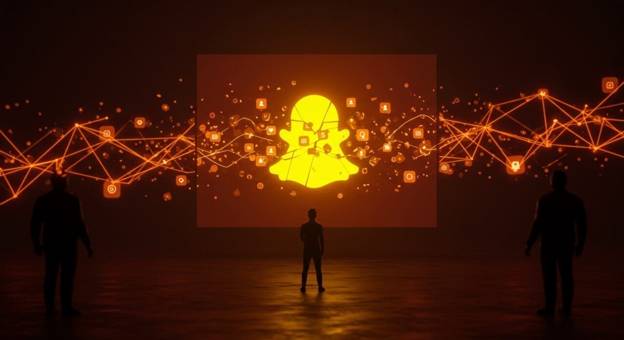 Demanda legal a Snap por adicción en redes sociales y riesgos regulatorios para startups tecnológicas sociales en color naranja y negro.