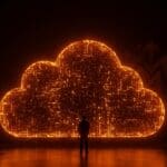 Líder empresarial europeo frente a infraestructura digital en la nube europea, simbolizando soberanía digital y seguridad de datos corporativa.