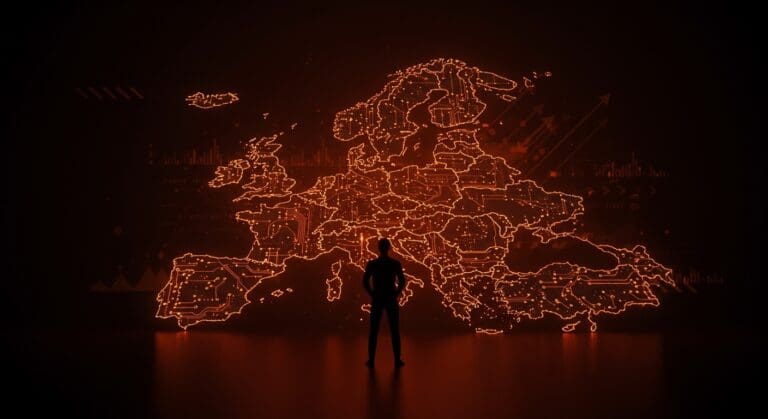 Silueta de fundador tecnológico ante una red digital en forma de Europa simbolizando soberanía digital y cloud abierto en el mercado europeo.