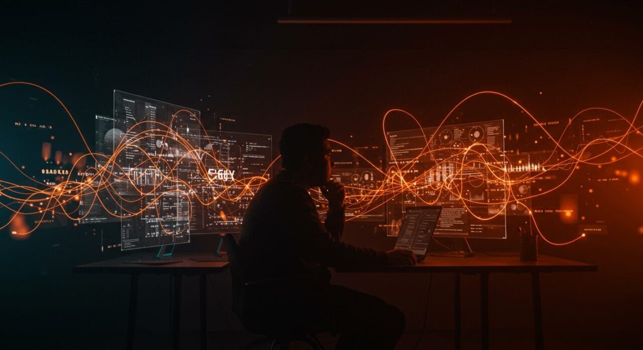 Fundador latino en espacio de startup tecnológico enfrentando el desafío del plagio y la propiedad intelectual en innovación tecnológica.