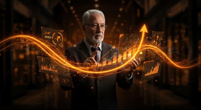 Persona mayor interactuando con interfaces digitales que simbolizan la economía plateada y la inversión seed de startups en LATAM.