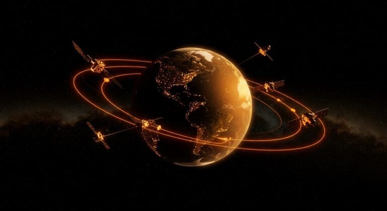 Satélites Starlink orbitando la Tierra con rutas descendentes, ilustrando la reducción de órbitas por seguridad de SpaceX y su impacto en infraestructura digital.