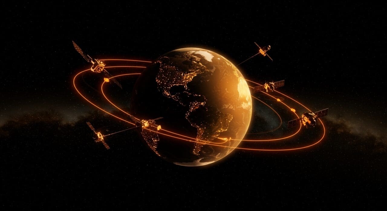 Satélites Starlink orbitando la Tierra con rutas descendentes, ilustrando la reducción de órbitas por seguridad de SpaceX y su impacto en infraestructura digital.