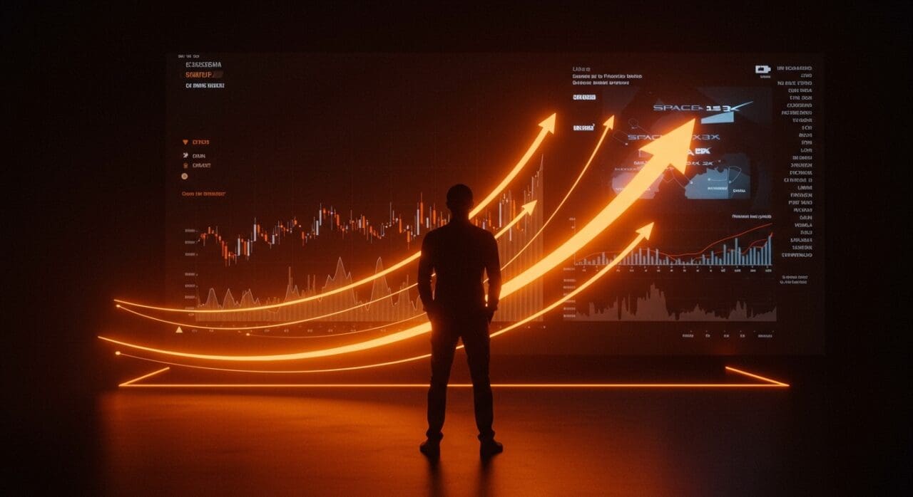 Emprendedor frente a pantalla digital con datos de IPO de SpaceX, simbolizando impacto en financiamiento y mercado secundario para startups y unicornios.