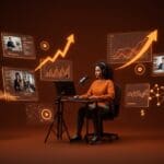 Video podcast creator aumentando monetización en plataforma digital con simbolismos de crecimiento y consumo SaaS.