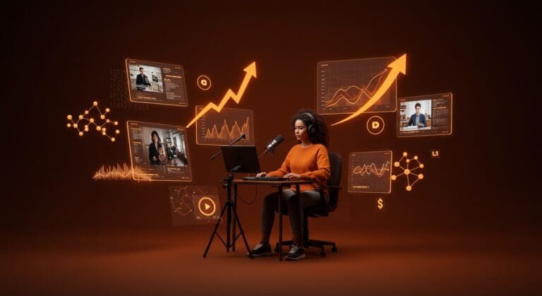 Video podcast creator aumentando monetización en plataforma digital con simbolismos de crecimiento y consumo SaaS.