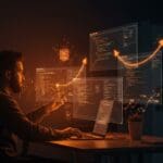 Interfaz moderna de SQL Studio para founders gestionando bases de datos SQL en una herramienta SaaS, con metáforas visuales de crecimiento y tecnología SQL.