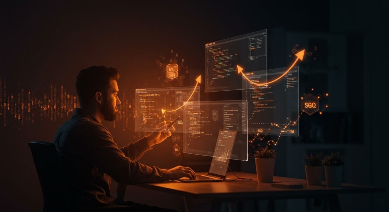 Interfaz moderna de SQL Studio para founders gestionando bases de datos SQL en una herramienta SaaS, con metáforas visuales de crecimiento y tecnología SQL.