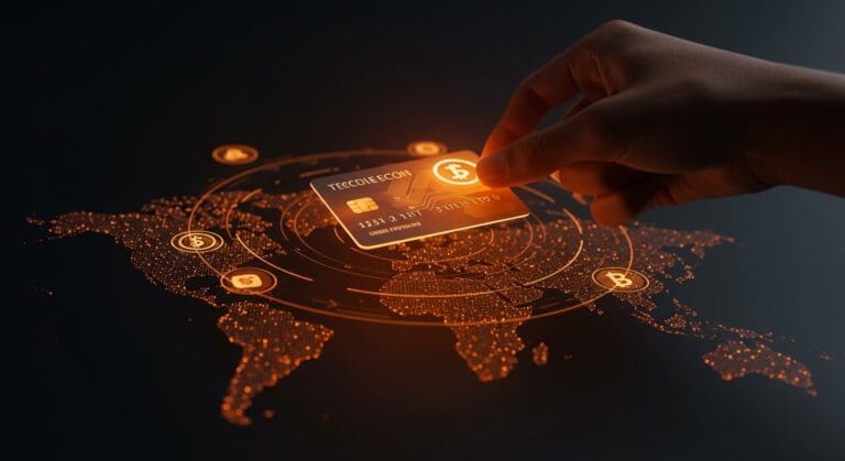 Tarjeta de pagos de stablecoins futurista iluminada en tonos naranjas y negros representando la adopción masiva de criptomonedas y pagos digitales en LATAM para 2026.