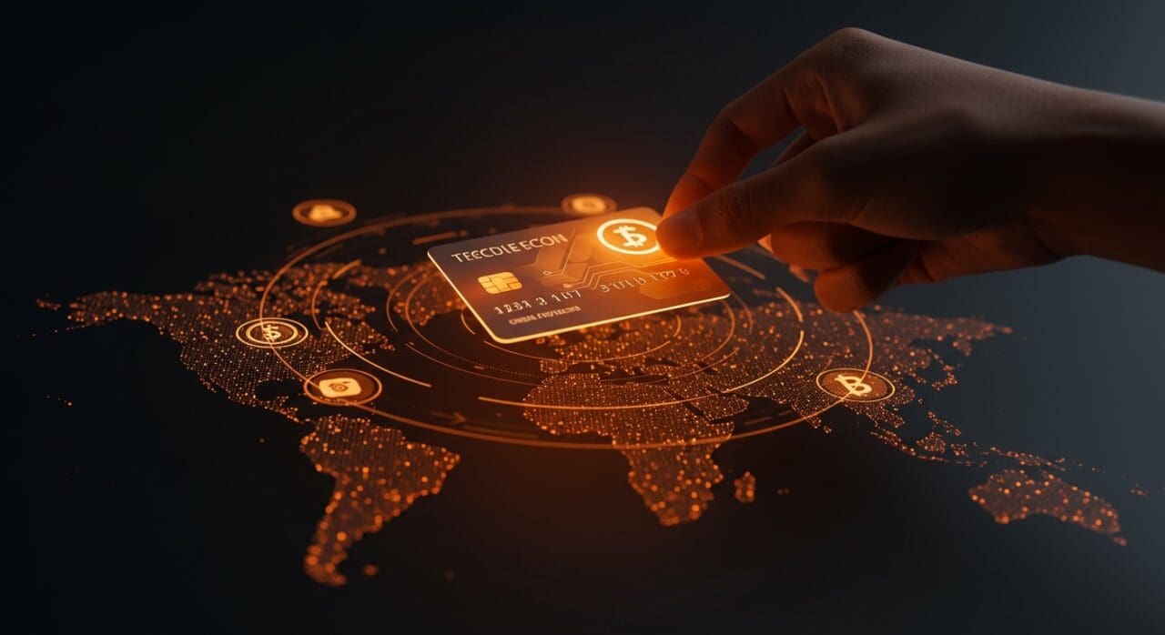 Tarjeta de pagos de stablecoins futurista iluminada en tonos naranjas y negros representando la adopción masiva de criptomonedas y pagos digitales en LATAM para 2026.