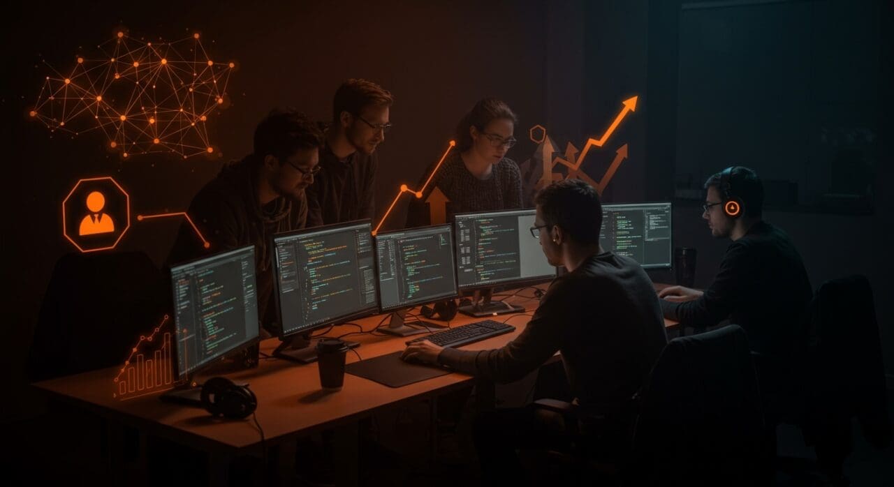 Colaboración intensiva de desarrolladores técnicos reflejando la cultura positiva y transformación impulsada por IA en comunidades como Stack Overflow.