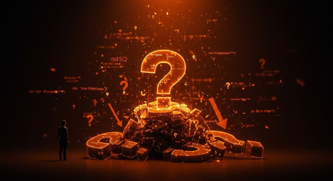 Caída histórica en preguntas mensuales de StackOverflow en 2024-2025 representada con metáforas visuales de IA y tendencias tecnológicas para founders tech.