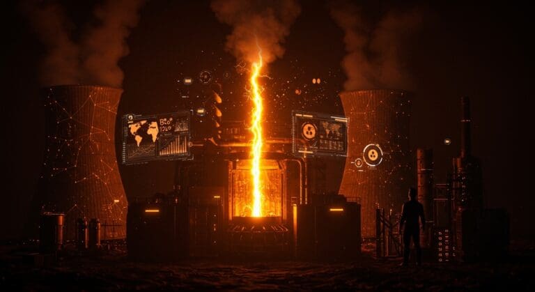Central nuclear futurista iluminada en naranja y negro con hologramas digitales de IA, simbolizando inversión y crecimiento en startups de tecnología nuclear.