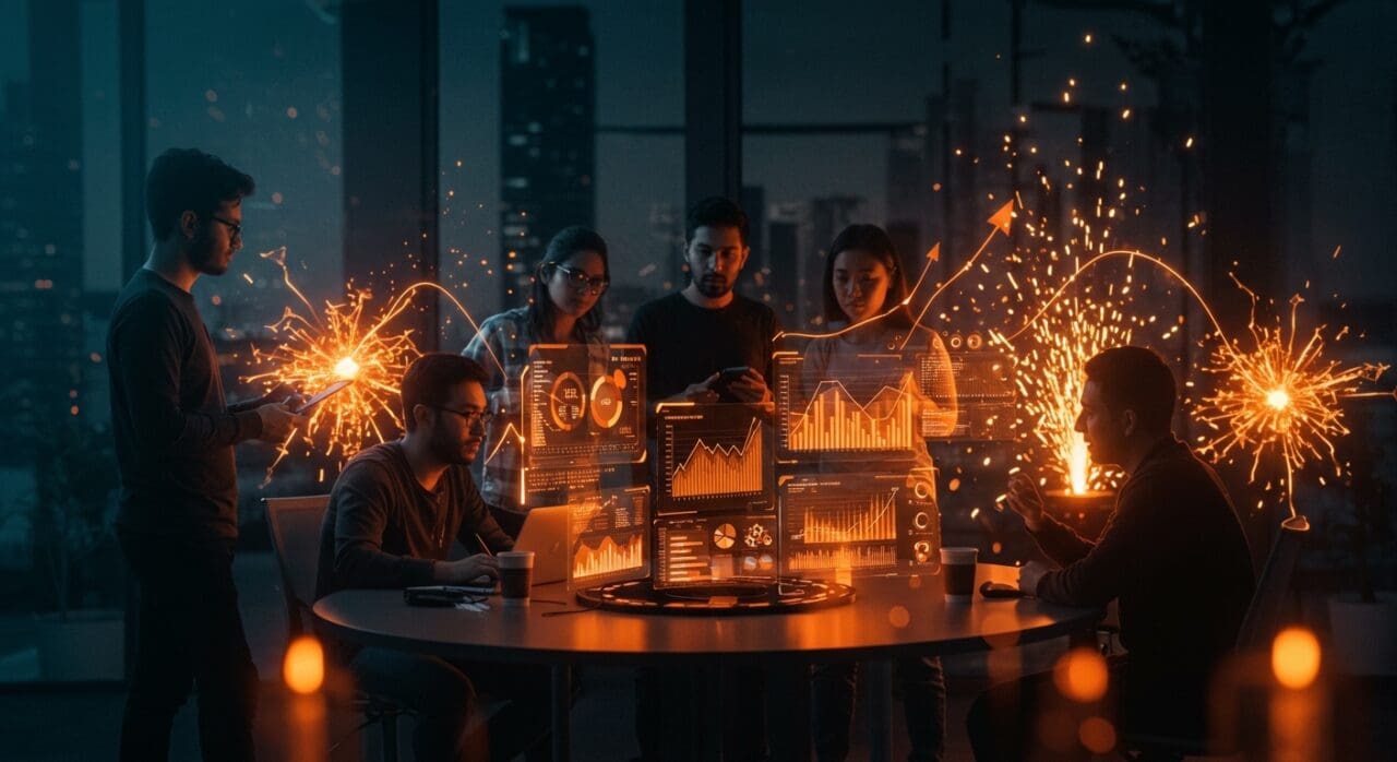 Fundadores de la startup IA BlueTek Global colaborando con tecnología avanzada en un ambiente moderno, representando su reconocimiento por Forbes Latam y su impacto en el ecosistema tecnológico.