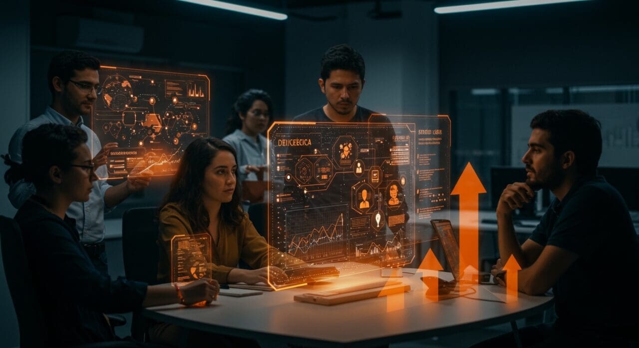Emprendedores colaborando en un laboratorio tecnológico con interfaces holográficas que representan la transferencia tecnológica y el impacto de Startup Lab en el ecosistema deeptech chileno.