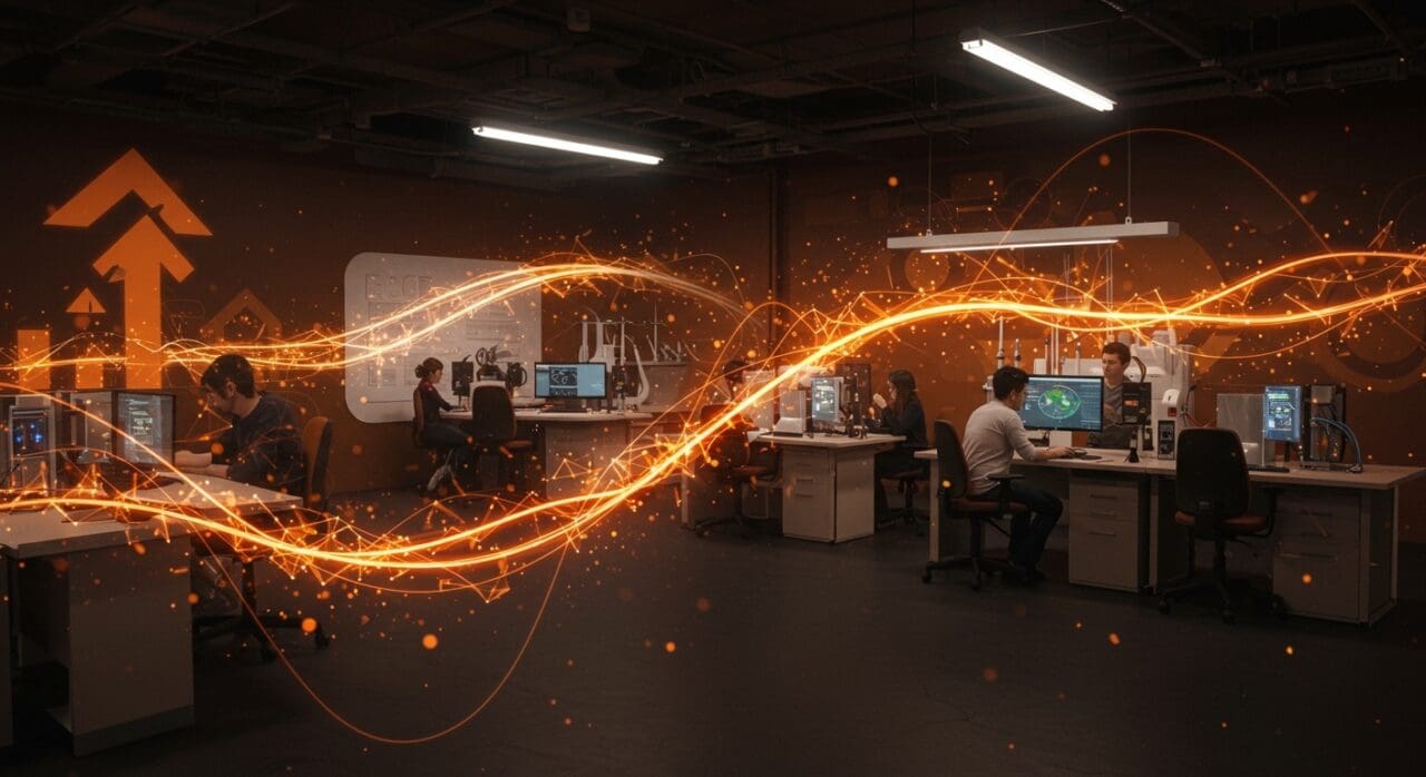 Interior moderno del hub deep tech Startuplab.01 en Chile, con emprendedores colaborando y tecnología innovadora enfocada en clima.