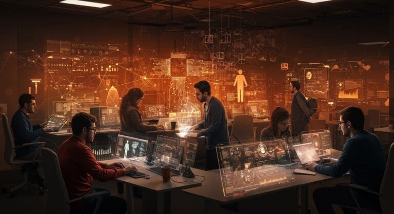 Fundadores de startups en Chile colaborando en un hub deep tech, impulsando innovación y mentoría en el ecosistema tecnológico.