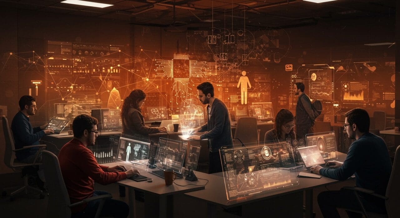 Fundadores de startups en Chile colaborando en un hub deep tech, impulsando innovación y mentoría en el ecosistema tecnológico.