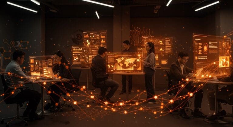 Centro de innovación tecnológica Startuplab.01 en Chile con emprendedores colaborando en ambiente futurista de startups e innovación.