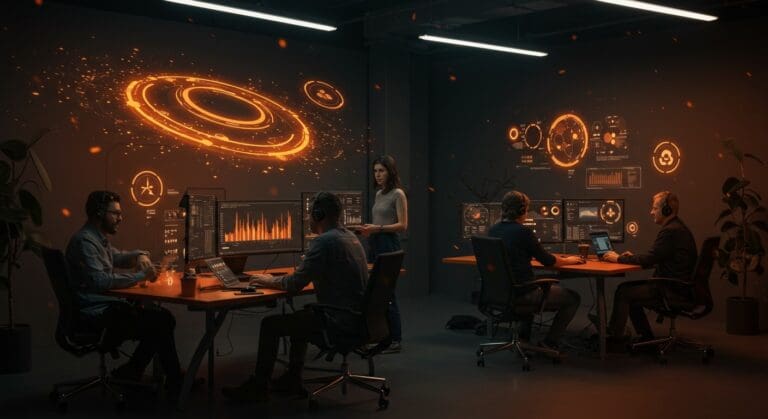 Startup climatech españolas colaborando en un entorno futurista con visualizaciones de economía circular y descarbonización para la transición sostenible.