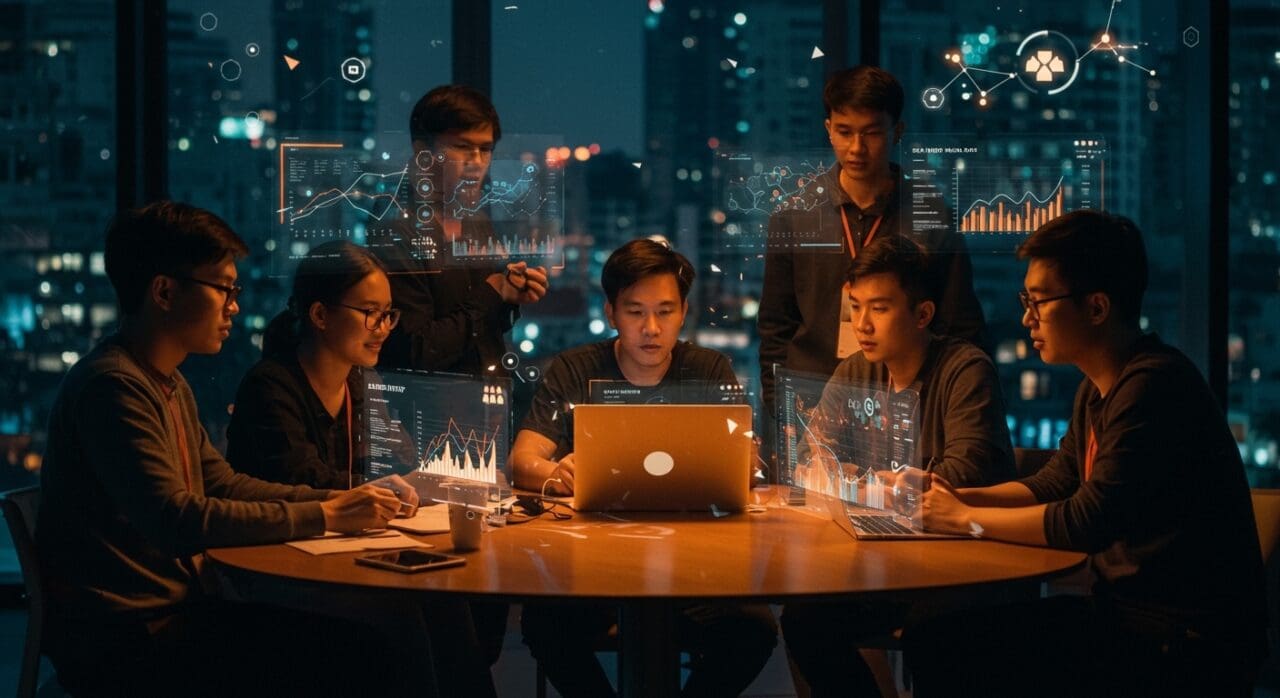 Fundadores de la Generación Z colaborando en el ecosistema startup tecnológico de Vietnam con metáforas visuales de crecimiento y tendencias tech.