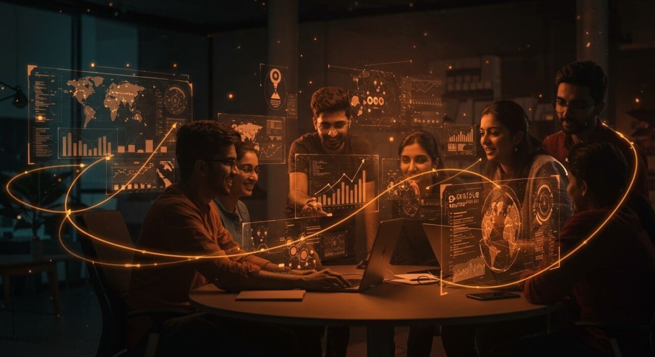 Jóvenes emprendedores indios innovando juntos en el ecosistema startup, impulsando el cambio económico y social en India.