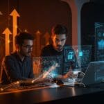 Tres startups innovadoras de Málaga TechPark líderes en ciberseguridad, microelectrónica y energía solar, simbolizando el ecosistema tecnológico y la innovación en España.