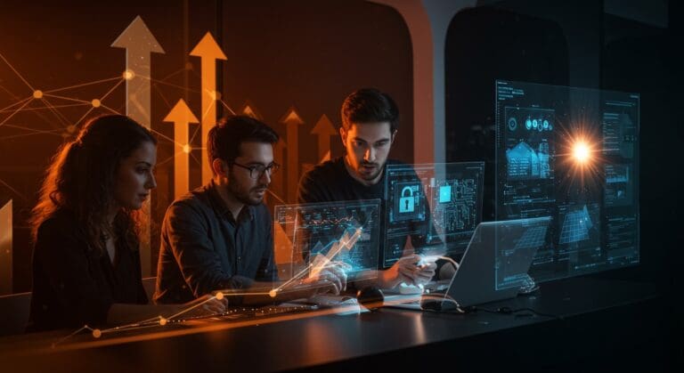 Tres startups innovadoras de Málaga TechPark líderes en ciberseguridad, microelectrónica y energía solar, simbolizando el ecosistema tecnológico y la innovación en España.