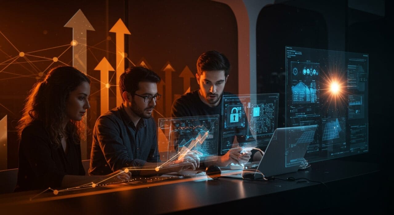 Tres startups innovadoras de Málaga TechPark líderes en ciberseguridad, microelectrónica y energía solar, simbolizando el ecosistema tecnológico y la innovación en España.