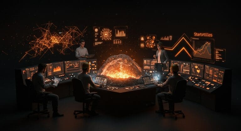 Startups innovadoras revolucionando la minería en Chile con IA, IoT y tecnología avanzada en un entorno futurista.